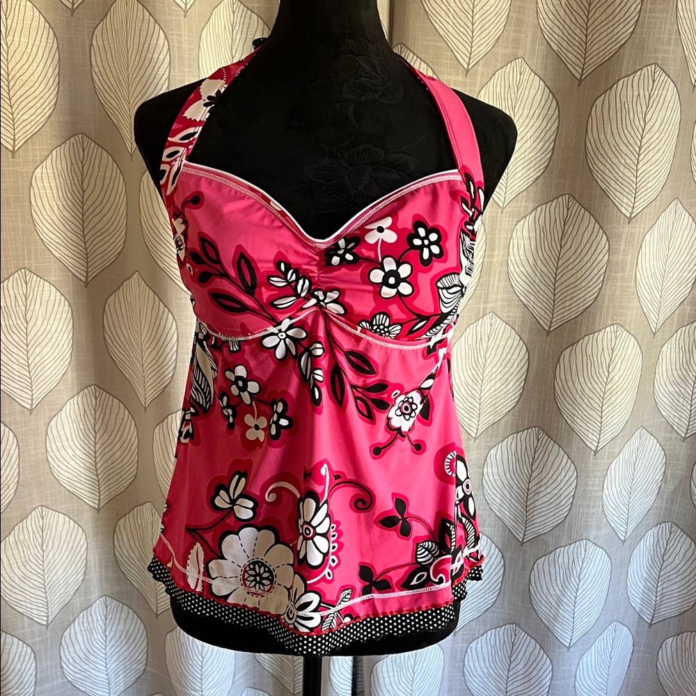 24 & Ocean, woman’s, pink & black, floral print, swim suit top. Padded. Size LG.